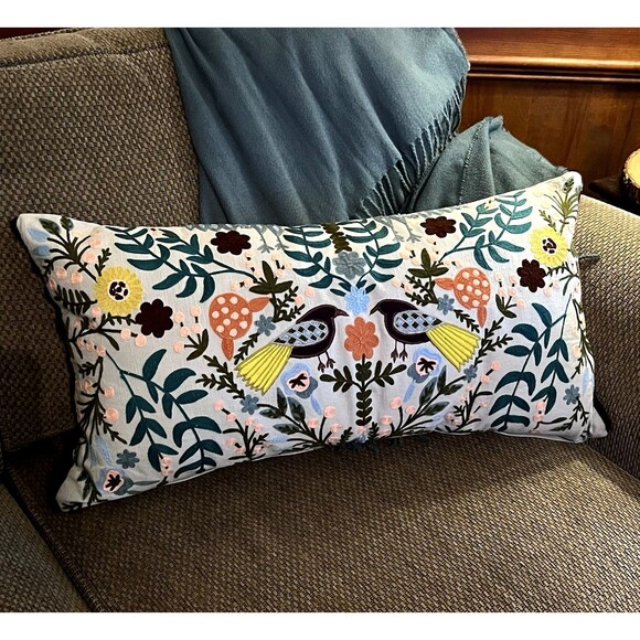 Elle Tahari Home Embroidered Pillow & Insert Rectangular Birds Florals 14"x28" - Picture 1 of 16